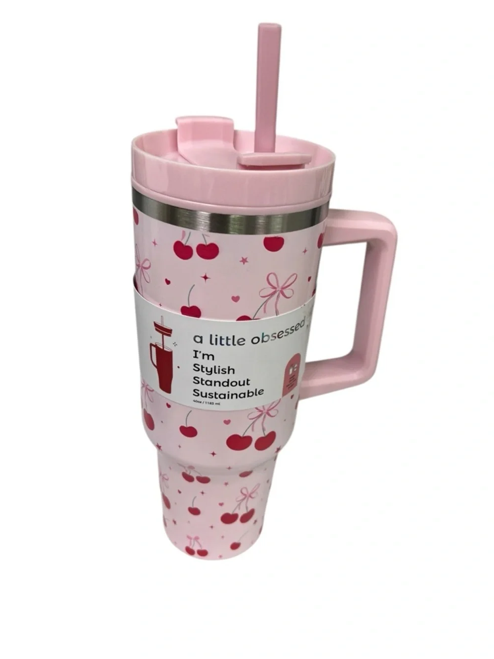 Pink Cherry Travel Mug with Handle and Straw